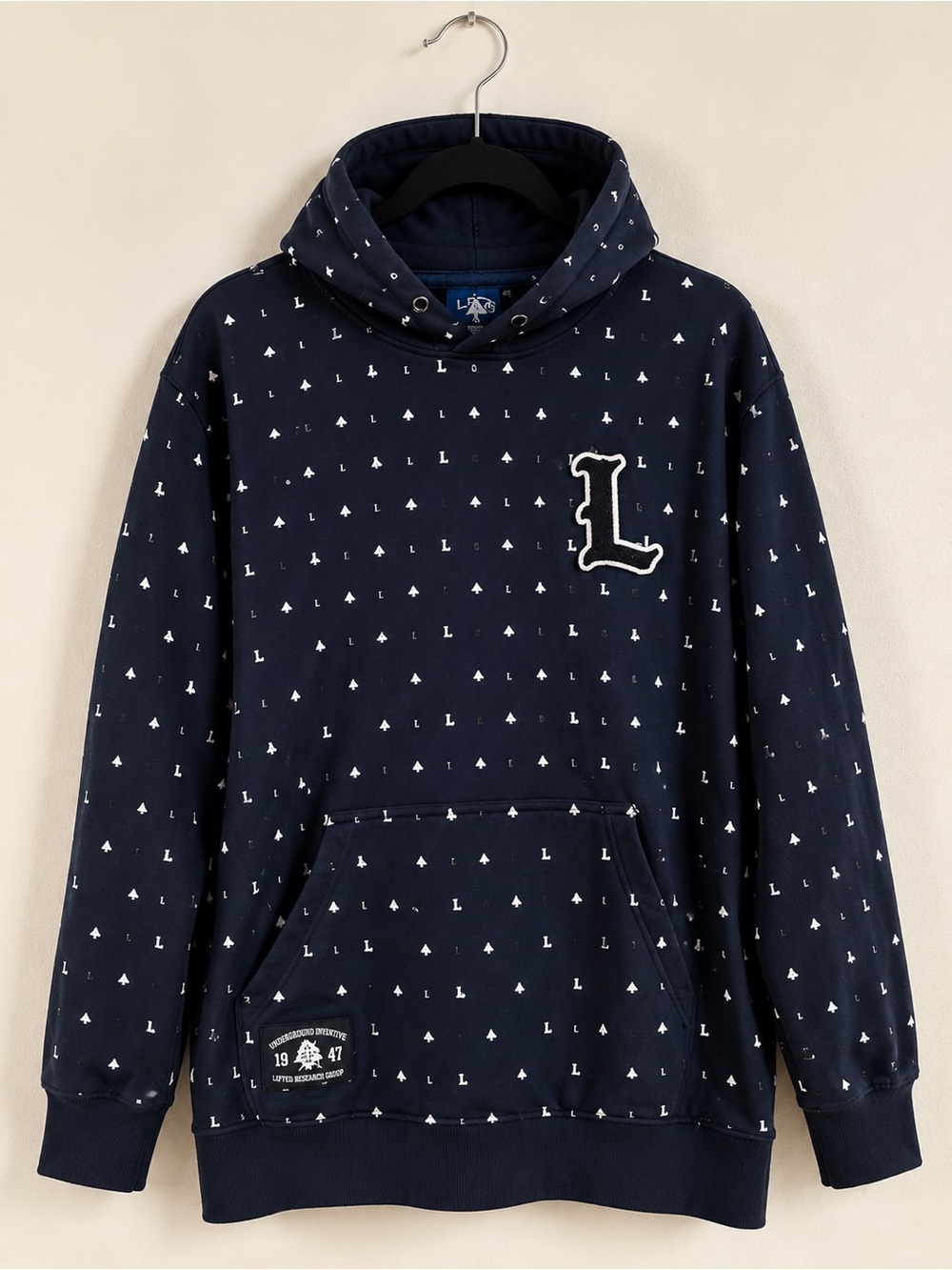 LRG Lifted Research Group Navy Allover Print Hoodie Size Large